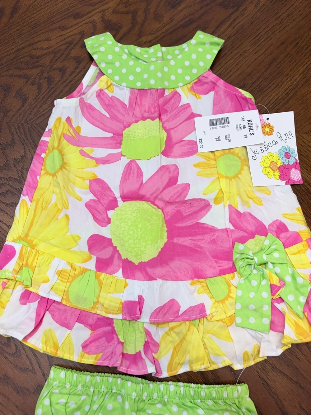 Kohl's Pink, Yellow & Lime Floral Dress with Lime Polka Dot Bloomers
